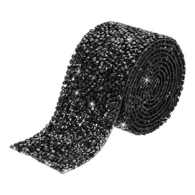 Unique Bargains 1 Roll 1 Yard Self Adhesive Crystal Rhinestone Diamond Ribbon in black, made of resin with a sparkling finish. The ribbon measures 90cm x 4cm and features double-sided tape for easy application on furniture, cakes, handicrafts, and arts and crafts projects. Suitable for weddings, birthdays, and holiday events.