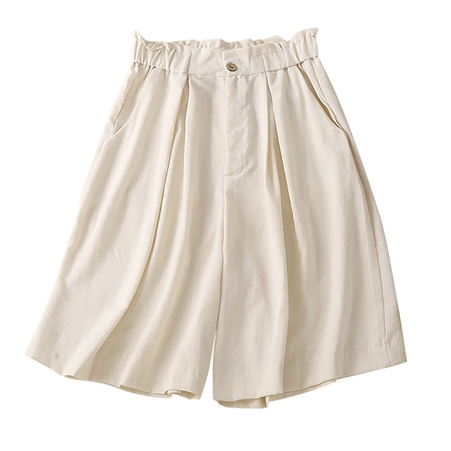 Diufon Elastic Ruffle Waist Shorts for Women Cotton Linen Pleated Shorts Pockets Solid Color Button Shorts