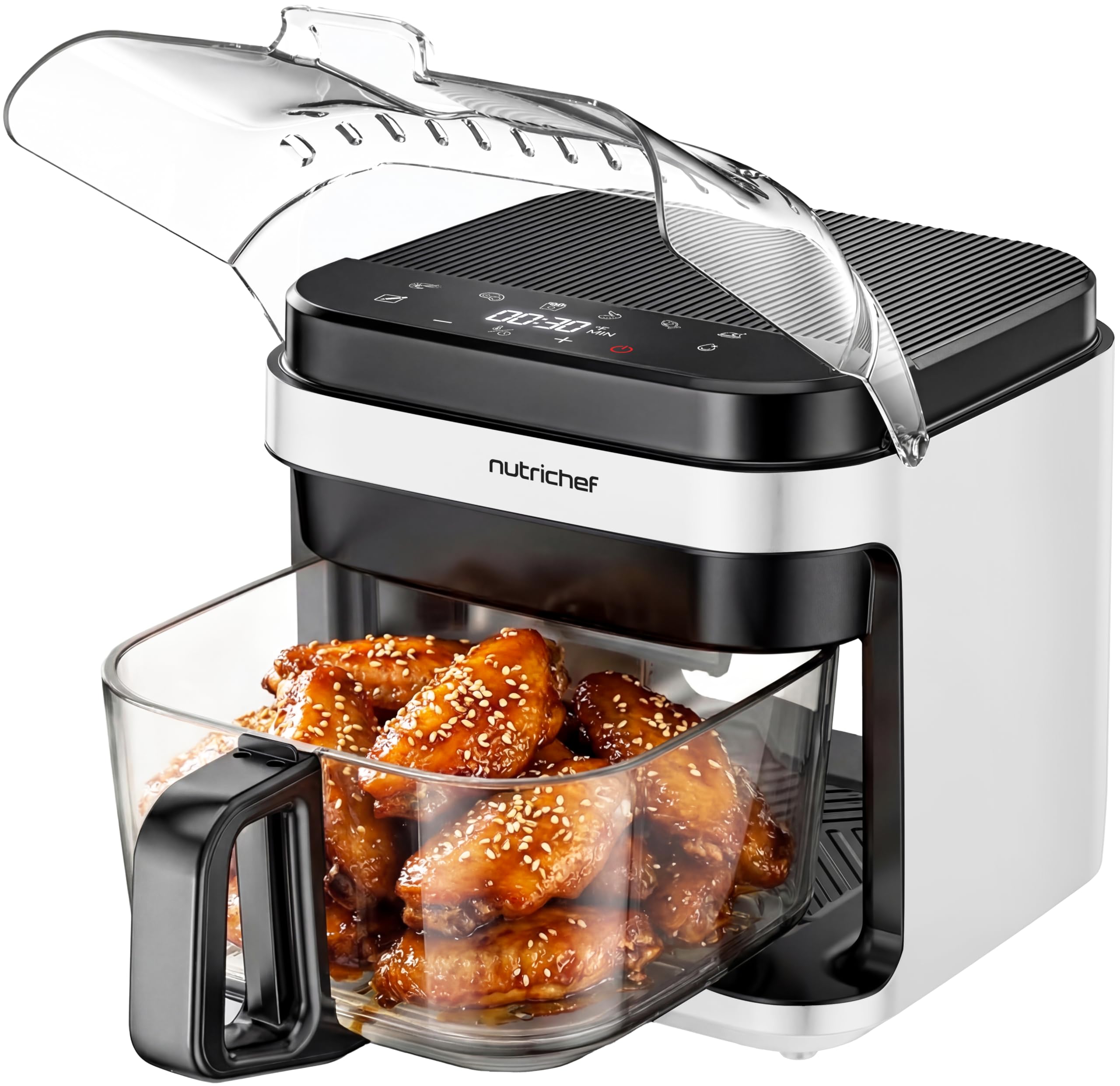 NutriChef 5.8 Quart Air Fryer | Glass Airfryer with 8-in-1 Digital Presets | Stainless Steel Fryer Design | Glass Fry Bowl with Flip-Up Safety Shield | Compact Air-Fryer for Even Cooking | White