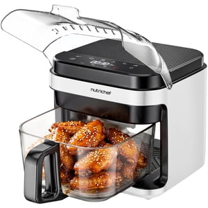 NutriChef 5.8 Quart Air Fryer | Glass Airfryer with 8-in-1 Digital Presets | Stainless Steel Fryer Design | Glass Fry Bowl with Flip-Up Safety Shield | Compact Air-Fryer for Even Cooking | White