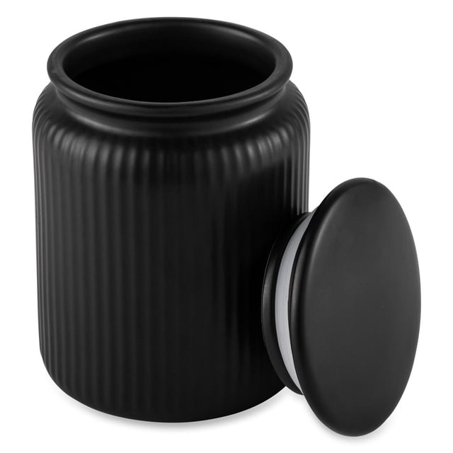 Thyme & Table medium ceramic black ribbed kitchen organization jar with removable lid, featuring a matte black ribbed ceramic exterior and 815 mL capacity, ideal for storing dry goods, coffee, or tea in kitchen organization.
