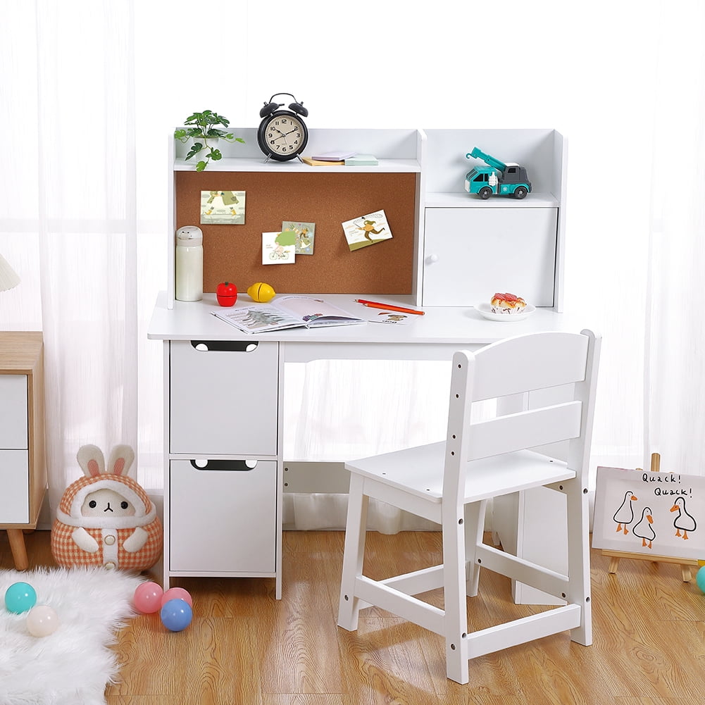 Kids Study Desk with Chair, Kids Desk and Chair Sets with Storage Cabinet, Wooden Children Study Table, Student Writing Table Computer Workstation for Boys/Girls Ages 3-8