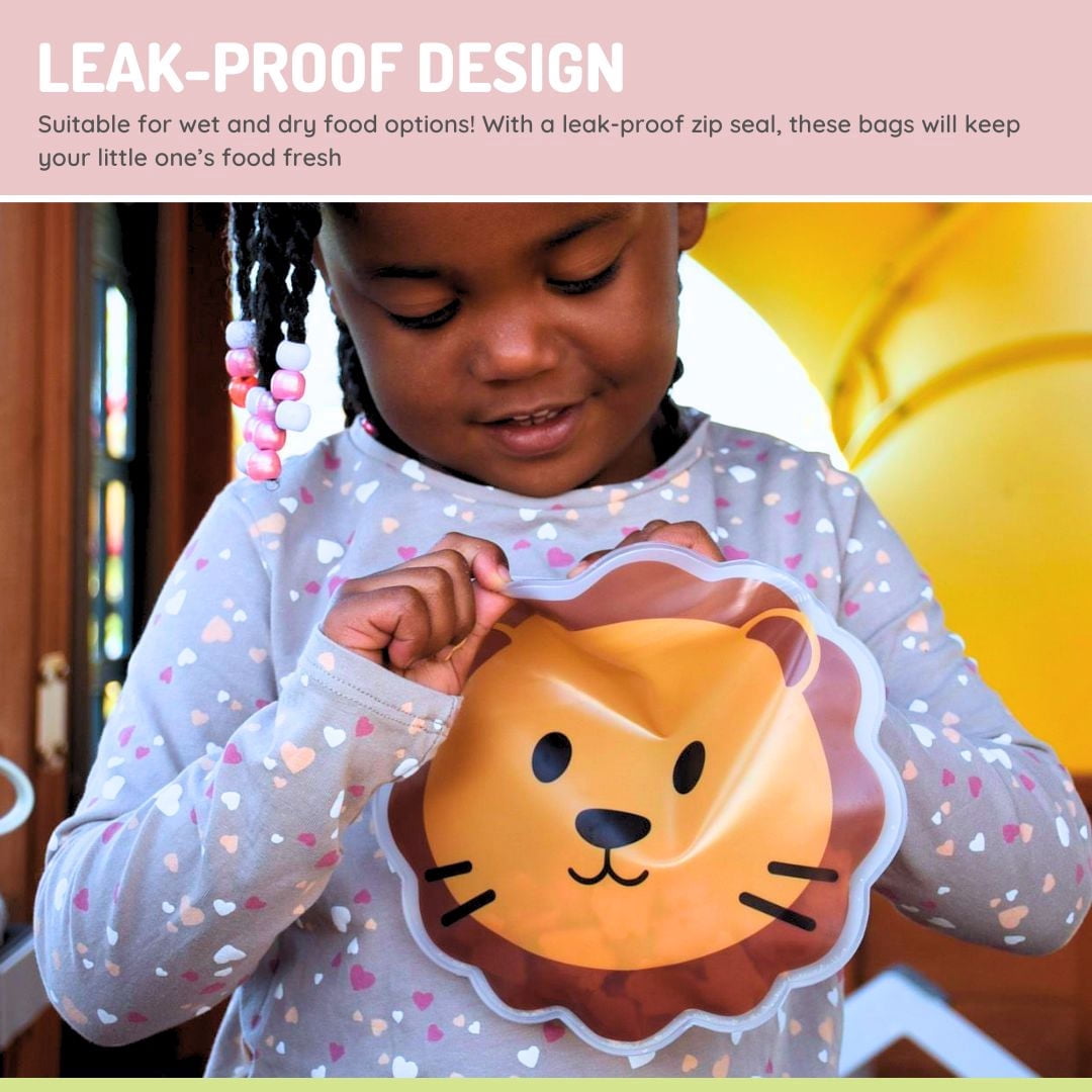 Melii Reusable Snack Bags - for Kids - 6 pack :bulldog, cat, lion, panda, bear & shark - Leak-proof, BPA-free