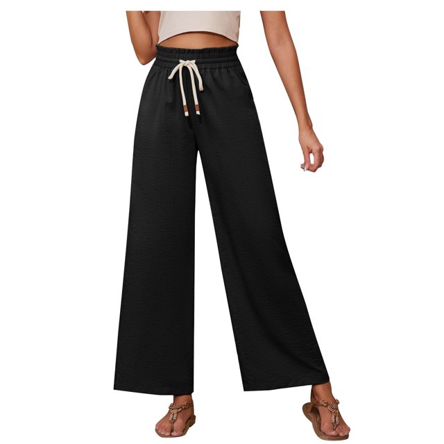 Timegard Womens Wide Leg Pants Elastic High Waist Drawstring Solid Color Beach Travel Casual Loose Pants