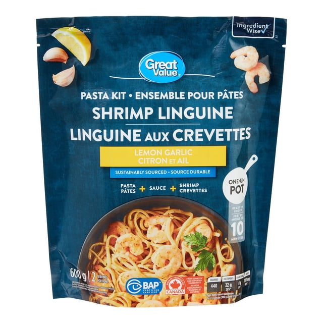 GV Lemon Garlic Linguine Shrimp Pasta Kit in blue resealable bag showing cooked linguine with shrimp and parsley, lemon and garlic graphics, sustainably sourced shrimp, ready in under 10 minutes, 600 g frozen meal with 2 servings.