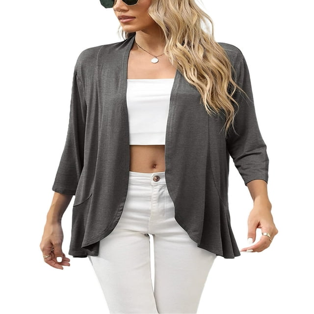 CNKOO Women‘s Casual Lightweight Open Front Cardigans Soft Draped Ruffles 3/4 Sleeve Cardigan S-XL