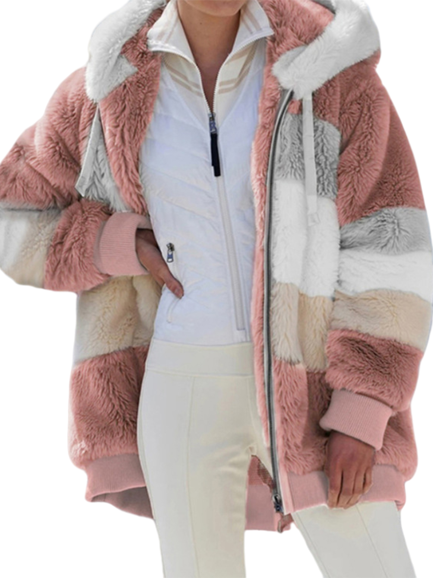 Innerwin Jacket Long Sleeve Women Coat Winter Warm Patchwork With Pockets Outwear Pink 3XL