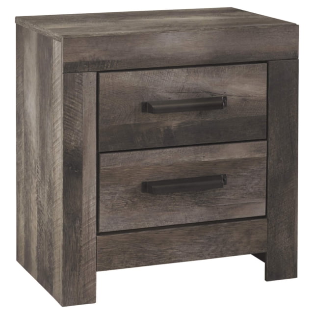 Signature Design by Ashley Wynnlow Rustic 2 Drawer Nightstand in weathered gray finish, featuring a plank-style top, replicated oak grain texture, and two smooth-gliding drawers with dark hooded pull hardware. Includes dual USB charging ports and UL-listed power cord, ideal for modern bedroom furniture setups.