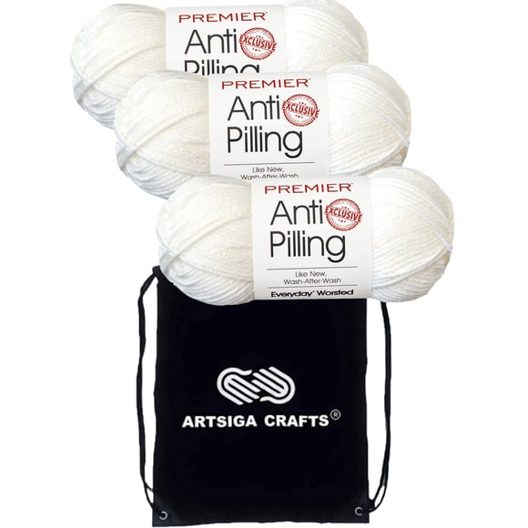 Premier Yarns Everyday Anti-Pilling Solid Snow White DN100-1 (3-Skeins - Same Dye Lot) #4 Worsted Weight Acrylic Yarn for Crocheting and Knitting with Project Bag