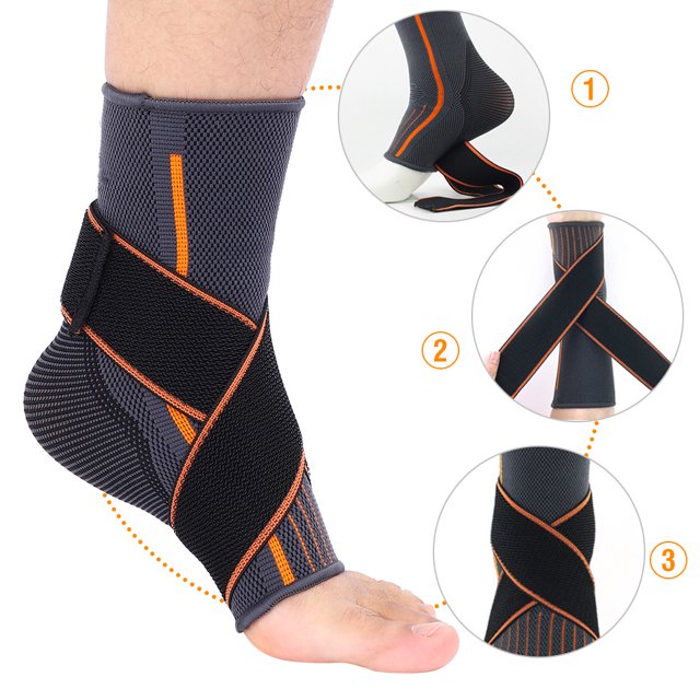 Ankle Support Brace, designed for ankle pain relief and support during activities like running and basketball. Made of breathable and elastic nylon material in black with orange accents, featuring a pressure belt design for double pressure and stability. The hook-and-loop closure allows for easy adjustment to fit the ankle securely. Lightweight and seamless construction ensures comfort and fits the foot arch and ankle shape. Ideal for outdoor sports and daily use.