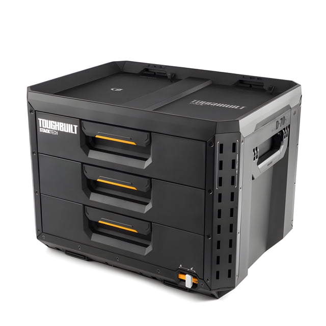 ToughBuilt StackTech 3-Drawer Tool Box in black, featuring a durable plastic construction with steel-reinforced corners and ball-bearing slides. The tool box includes three self-latching drawers with 22 dividers for customizable organization. It has an intuitive self-aligning top for stacking additional StackTech boxes, an auto-locking interface for secure transport, and a prominent lock indicator. Designed to support up to 50 pounds of evenly distributed weight, it measures 16 x 21 x 15.6 inches and weighs 29.56 pounds. Ideal for professional tool storage and organization.