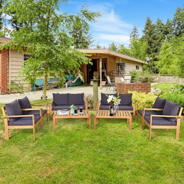 Gymax Ensemble de Conversation en Bois Rembourré 8 Pcs Ensemble de Mobilier de Patio Extérieur