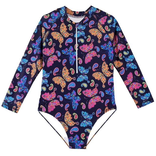 Little Girls Rash Guard Bathing Suits Flounce Printed Long Sleeve Sun Protection Swimwear Bathing Suit 10-11 Years