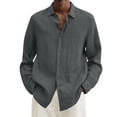 thumbnail image 1 of Polos pour Hommes Été Coton Lin Uni Ample Col Rabattu Manches Longues Hauts Masculins Gris Foncé L, 1 of 5