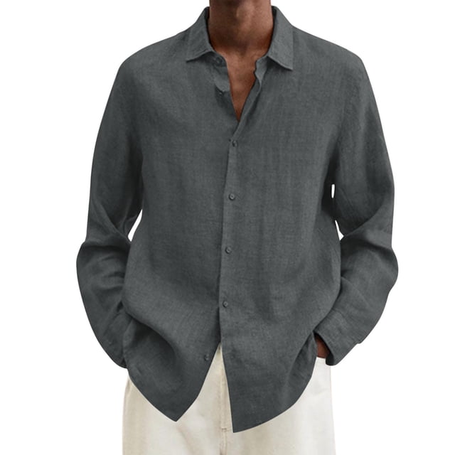 Polos pour Hommes Été Coton Lin Uni Ample Col Rabattu Manches Longues Hauts Masculins Gris Foncé L