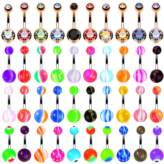 BodyJ4You 60PC Belly Button Ring Set 14G Mix CZ Rose Goldtone Steel Acrylic Banana Piercing Jewelry