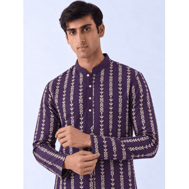Kurta Longue Droite Brodée Solide en Rayonne Viscose Bleu Sarcelle pour Hommes, 42