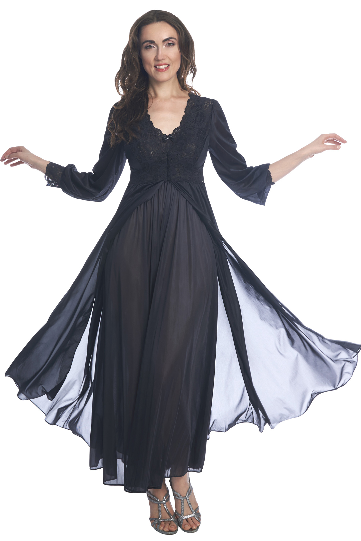 Velrose Lingerie Shadowline Longue Robe à Boutons avec Corsage en Dentelle 71737/71737X