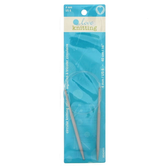Love Knitting 16" Circular Knitting Needles in 4 mm US 6 size, aluminum needles connected by a flexible clear cable, displayed on blue branded packaging with knitting tool details, ideal for knitting in the round and various yarn projects.