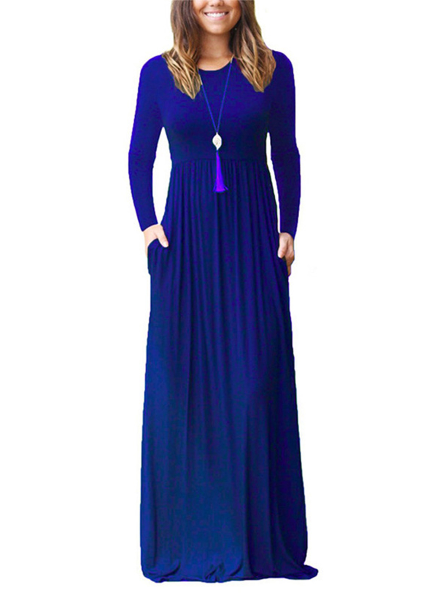 UKAP Robe Femme Col Rond Maxi Robes Couleur Unie Swing Fête Bleu Royal TP