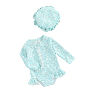EYIIYE Toddler Girls Rash Guard Swimsuit Infant Baby Zipper Rompers Long Sleeve Jumpsuit Floral Print Crew Neck Bodysuit Ruffles Bathing Suit Cute Swimwear with Swim Cap Beachwear