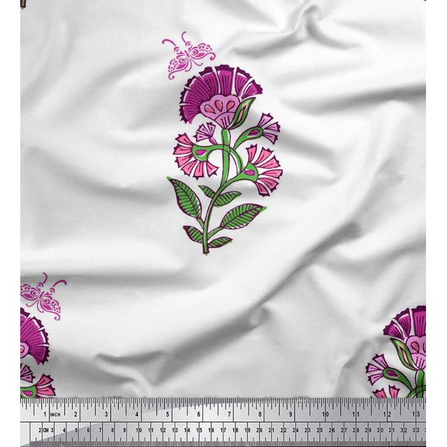 Soimoi Purple Polyester Crepe Fabric Insect,Leaves & Floral Block Print Fabric by Yard 42 Inch Wide