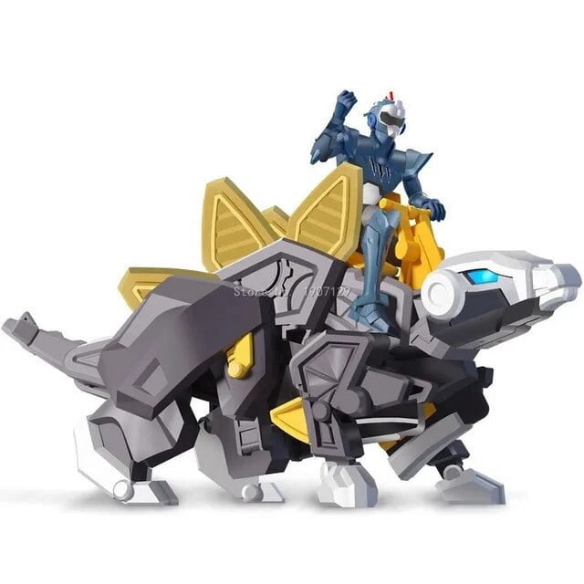 Jouets de Transformation DMH Mini Force Super Dinosaur Power Series Figurines d'Action MiniForce X Animal de Simulation Dinosaure Jouet de Transformation. un Dinosaure Robotique avec des Détails Gris et Jaunes, avec des Articulations Mobiles, et une Figurine Blindée Bleue Chevauchant sur le Dos. Fabriqué en Matériau ABS, Disponible avec Ou Sans Boîte de Couleur.