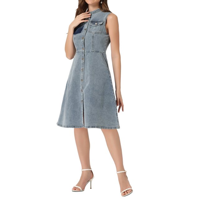 INSPIRE CHIC Robe Midi en Denim pour Femme Décontractée Sans Manches Robe en Jean Usée m Bleu Poussiéreux