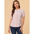 thumbnail image 3 of INSPIRE CHIC Women's Short Sleeve Button Front Lace Panel Bow Tie Collar Tops, 3 of 6