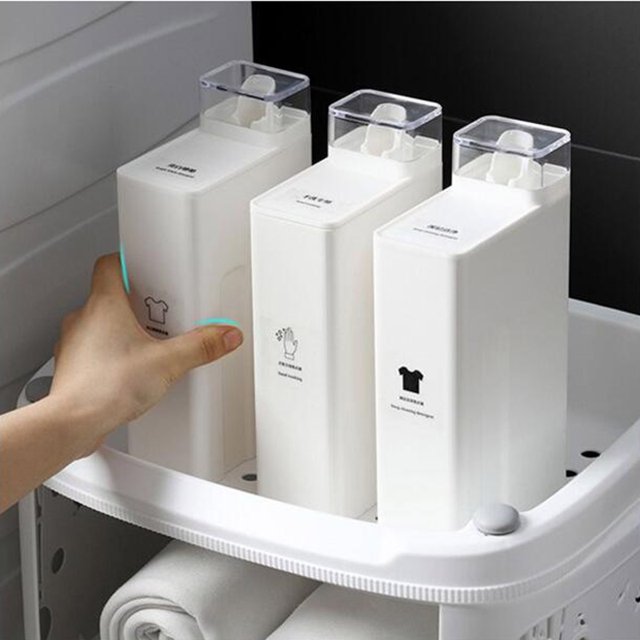 Oleegame 1PC Glass Bottle Refillable Laundry Bottle Non Leak With Label Empty Plastic Liquid Container For Bleaching Agent Home Laundry Room Decor Sub Bottling 1000ML White