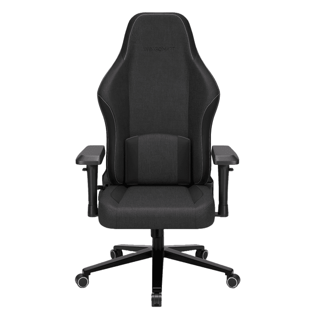 WINGOMART Ergonomic Gaming Chair with Memory Foam Support & 4D Armrests, designed for gaming and office use. Features include a high-back design with breathable linen fabric, Dutch velvet accents, and a flat alloy base. The chair offers adjustable lumbar cushion, removable headrest, 180° reclining capability, and smooth caster wheels for mobility. Built with a reinforced steel frame, SGS-certified gas cylinder, and swivel functionality for stability and versatility.