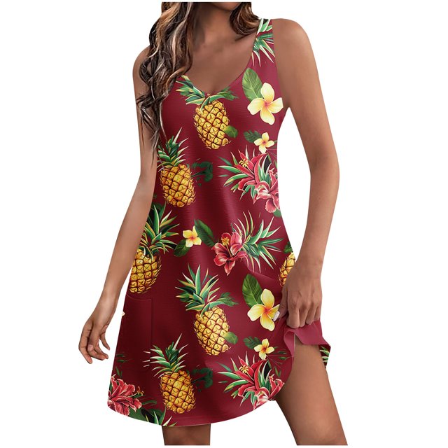 Staron Robes d'Été pour Femmes en Liquidation à Moins de 10 $ Amples à Col en V Boho Sans Manches Robes Trapèze Fluides à Imprimé Floral Printemps Décontracté Robe de Plage avec Poches TTG