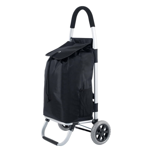 Mainstays Panier d'Épicerie de Luxe à 1 Compartiment avec Cadre en Aluminium Comprenant un Sac d'Épicerie Pliable en polyester Noir sur un Cadre en Aluminium Argenté avec Deux Roues Grises et une Poignée Rembourrée de Mousse, Convient au Rangement portable et Se Plie Facilement pour un Rangement compact.