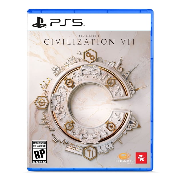 Sid Meier's Civilization VII (PS5) game cover displaying a marble-textured circular emblem with gold detailing surrounded by miniature architectural landmarks on a beige marbled background, including PlayStation 5 branding, Firaxis Games and 2K logos, and ESRB rating pending.