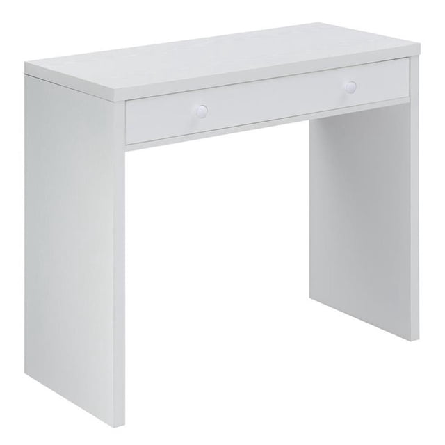 Pemberly Row Contemporary 36-inch Desk with Drawer in White Wood Finish. This sleek desk features a minimalist design with a large center drawer for concealed storage. Made from MDF and particle board with a melamine paper finish, it measures 36 inches in length, 15.75 inches in width, and 30 inches in height. The white wood finish complements modern office or home decor.