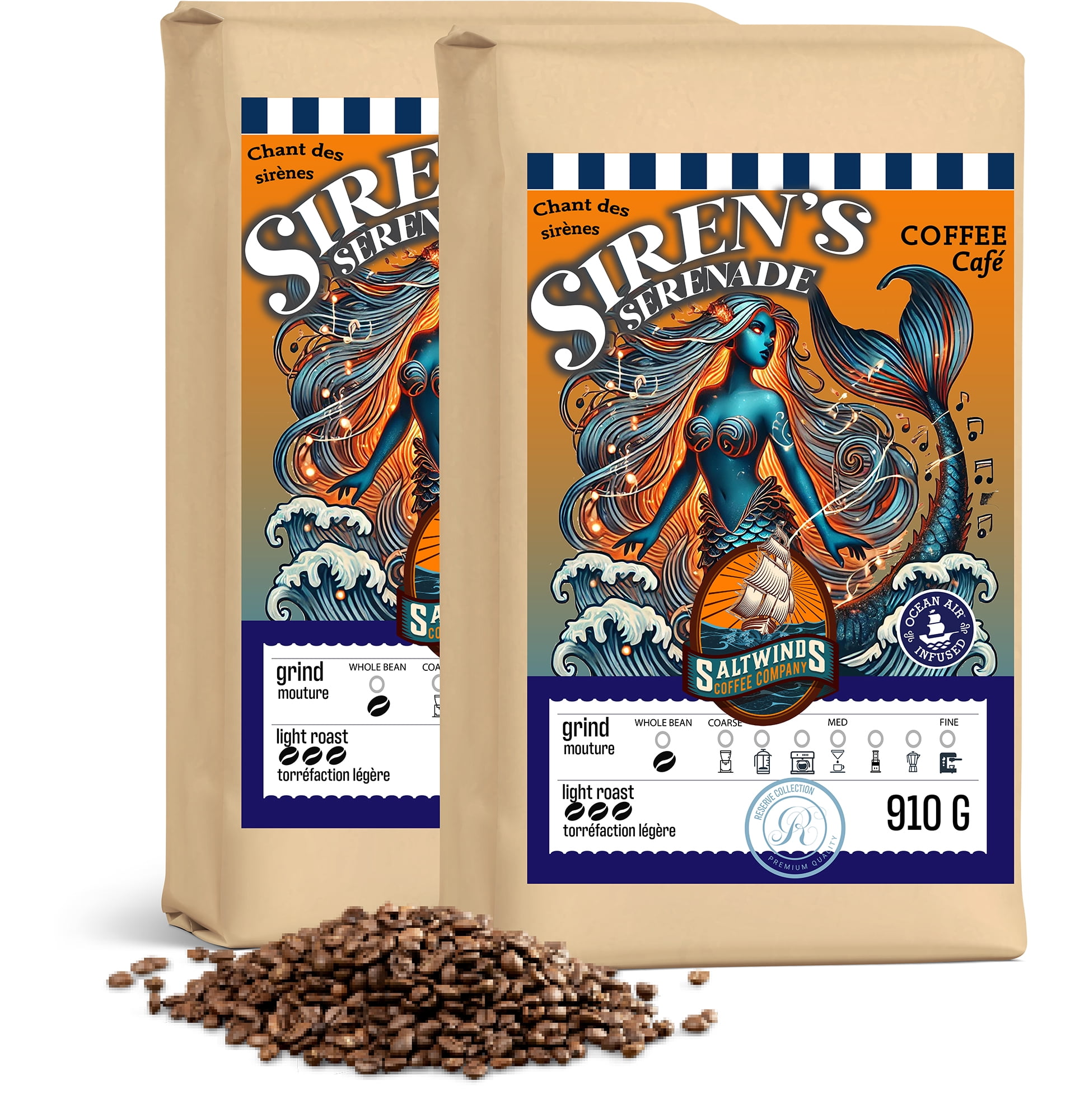 Light Roast Sirens Serenade Coffee  (2x910g Whole Bean)  | Ocean Air Infused | Canadian-Roasted Light Roast Coffee