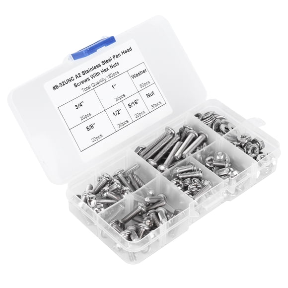 180-Piece 304 Stainless Steel Pan Head Screw Assortment with Nuts and Washers for Versatile Use in Various Sizes #8-32UNC