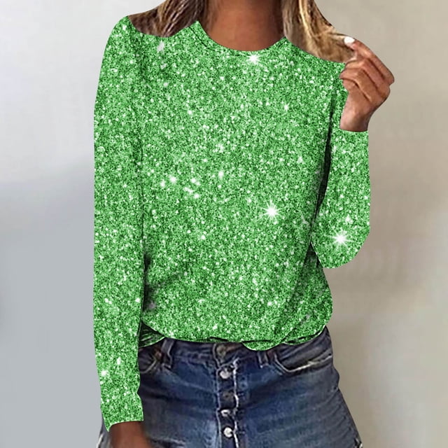 zanvin Chandails à Manches Longues à Imprimé de Paillettes pour Femmes, Coupe Ample Décontractée, T-Shirts à Col Rond, Chemisiers Scintillants pour Fête, Vert, m