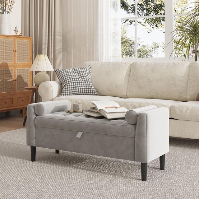 Kojooin 46.5 in Storage Bench Ottoman, Upholstered End of Bed Bench with Button Tufting and Hidden Storage