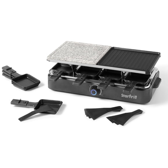 Starfrit 8-Person Raclette Party Grill, 2-in-1 Die-Cast Aluminum & Cooking Stone, Adjustable Temperature, 8 Spatulas & Dishes, 1300W, Hand Wash, Black