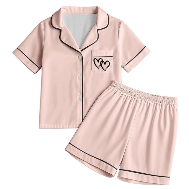Pyjama pour Filles Ensemble de Pyjama pour Filles Doux à Manches Courtes Tenue d'Intérieur Confortable Ensemble Élégant pour Préadolescentes avec Imprimé de Cœur