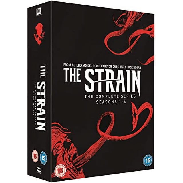 The Strain: The Complete Series (English only) Region 2 DVD import front-facing widescreen box set with dark red-black cover, title text across top, silhouetted New York skyline and blood-red accents, 20th Century Fox Home Entertainment logo on spine and English language note.
