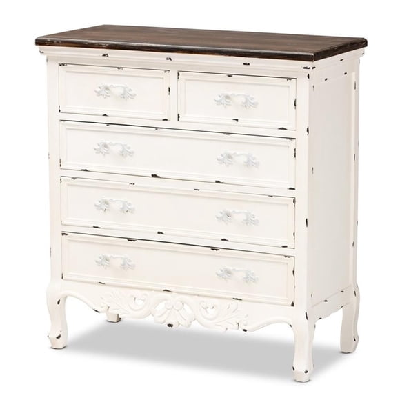 Baxton Studio Levron Armoire de Rangement à 5 Tiroirs en Bois Fini Brun et Blanc