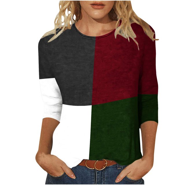IROINID Rabais T-Shirts pour Femmes à Manches 3/4 Imprimés T-shirt Ample Blouse Mi-Longue Col Rond Hauts de Détente, Vert