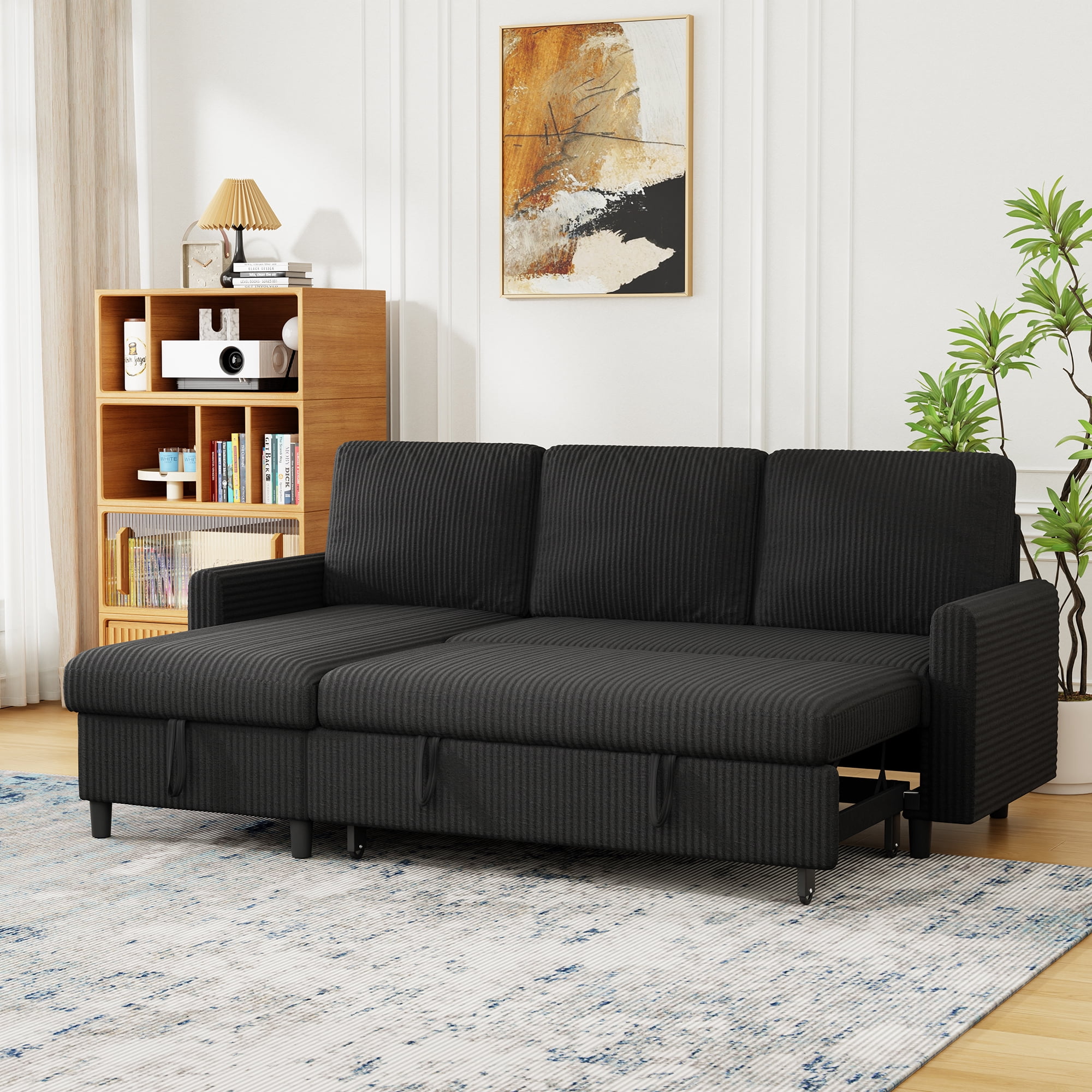 Walsunny Canapé Sectionnel-Lit Escamotable en L avec Méridienne Réversible avec Rangement pour Salons Petites Pièces Appartement, Noir