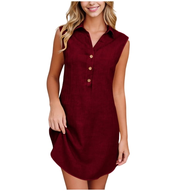 SDNall Robe Chemise Sans Manches à Col pour Grande Taille avec Poches, Mini-Robe Décontractée Unie