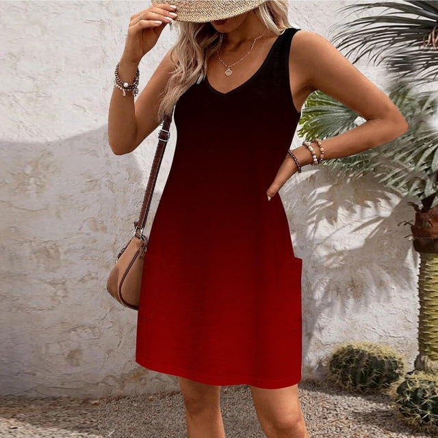 Ladies Fashion Gradient Summer Ladies Printed Pocket Sleeveless V-neck Dress