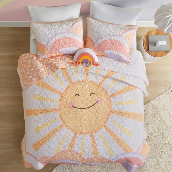 Intelligent Design Kids Queen Bedding Set Cotton Sun Full Size Quilt Sets for Girls Rainbow & Clouds Reversible Queen Coverlet Da