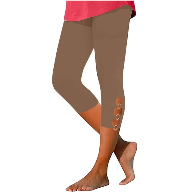 Timegard Womens Capri Pants Elastic Waisted Cutout Slim Solid Color Comfy Short Leggings Bottom Trousers