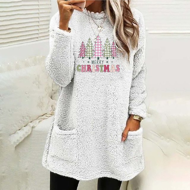 Qertyioot Chandails à Col Rond de Noël pour Femmes, Hauts Blouse à Manches Longues Chauds à Imprimé Ample avec Poche pour l'Hiver et le Rond